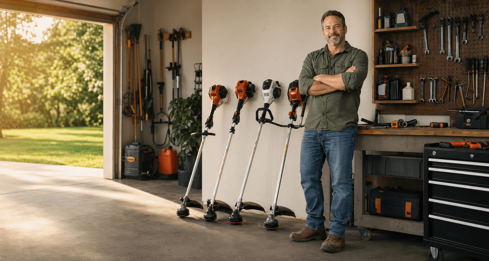 A practical yard-care guide in a garage workshop with several string trimmers